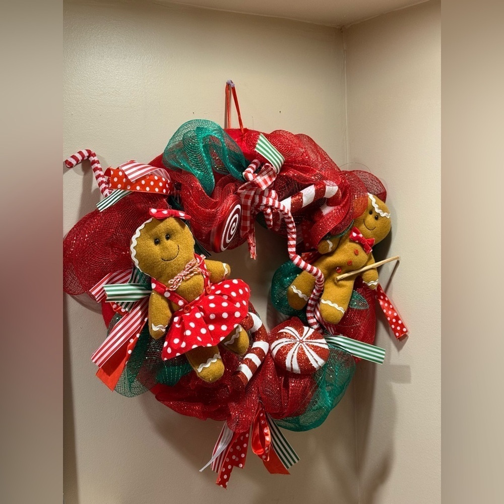 23” Festive Gingerbread Holiday Wreath - Candy Canes Red and Green Handmade